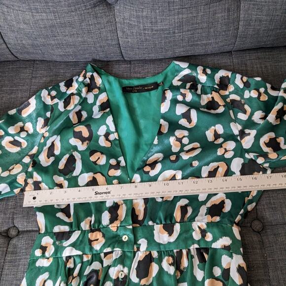 House of Harlow Revolve Dawn Mini Dress Small Green Leopard Satin Plunge V Neck - Picture 7 of 14